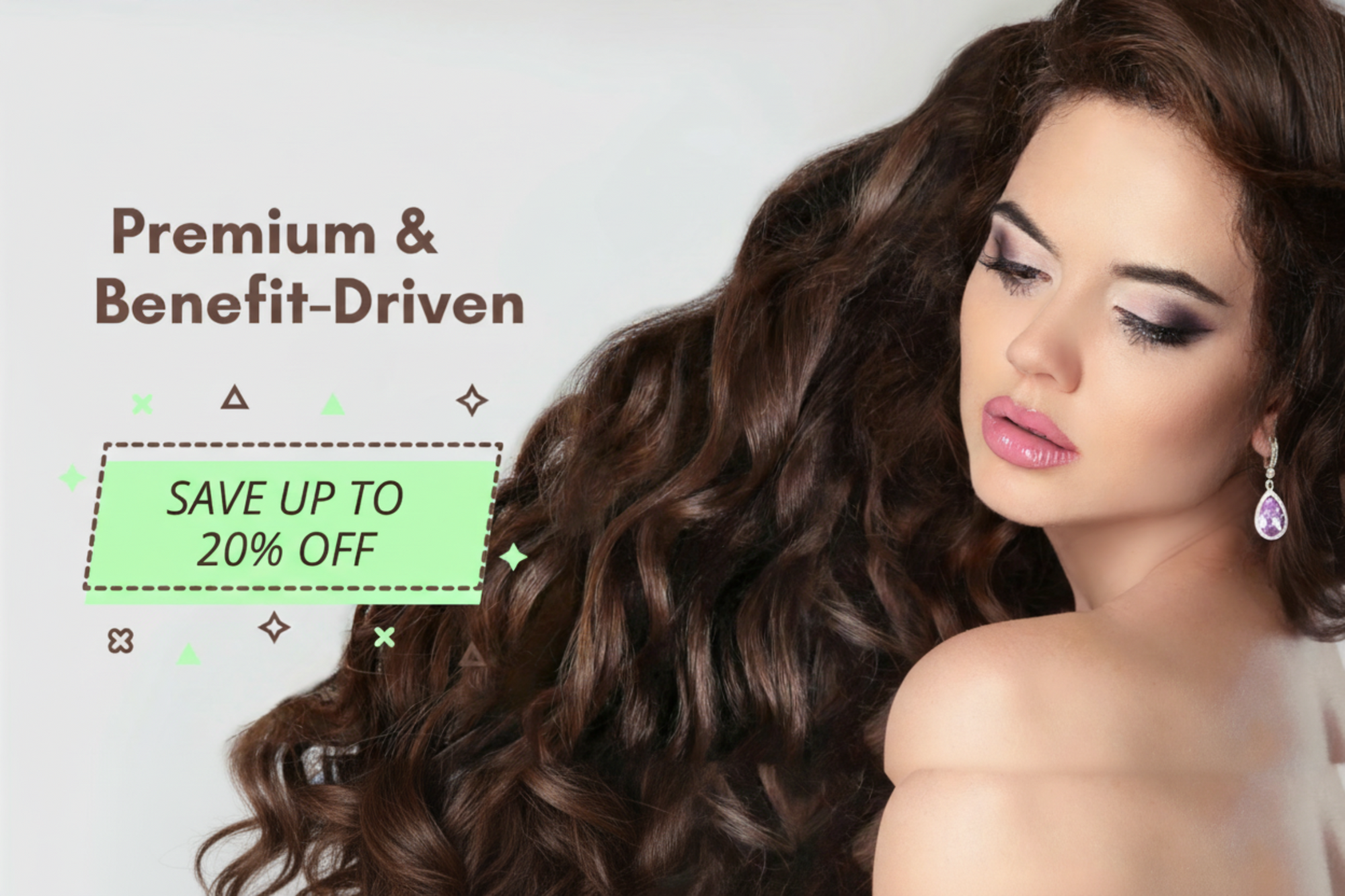 A Pakistani woman with styled hair and promotional text for a discount offer  of 20% off on a light gray background.